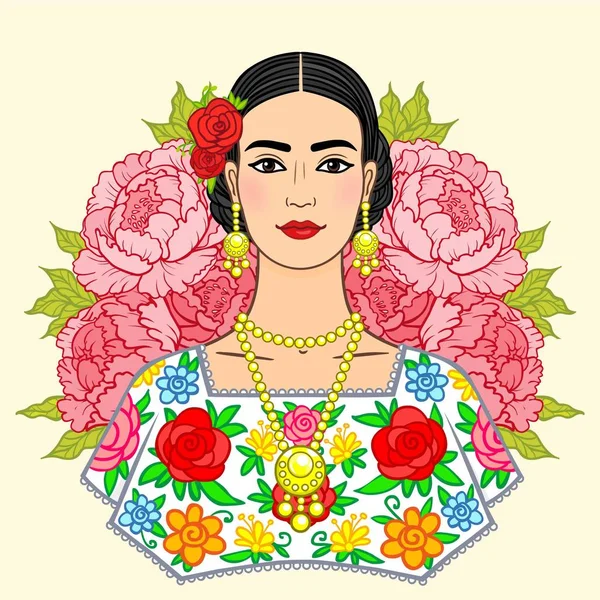 El retrato de la muchacha hermosa mexicana en la ropa antigua, el fondo - las rosas estilizadas. Boho chic, étnico, vintage. Ilustración vectorial aislada . — Archivo Imágenes Vectoriales