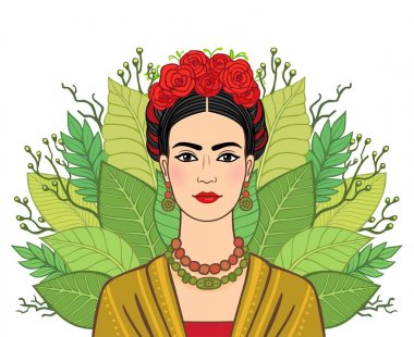 Eski giysiler, bir arka plan - bitkilerin stilize yaprakları güzel Meksikalı kadın portresi. Boho chic, etnik, vintage. Vektör illüstrasyon izole. Baskı, poster, tişört, kart.