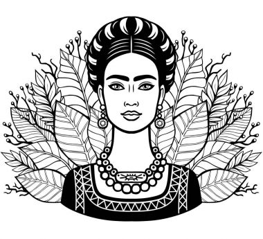 Eski giysileri, arka plan - bitkilerin stilize yaprakları güzel Meksika kızı portresi. Beyaz bir arka plan üzerinde izole vektör çizim. Baskı, poster, tişört, kart.