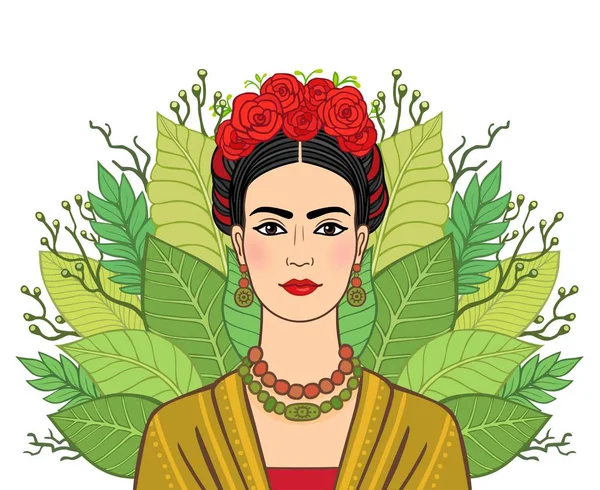 El retrato de la mujer hermosa mexicana en la ropa antigua, el fondo - las hojas estilizadas de las plantas. Boho chic, étnico, vintage. Ilustración vectorial aislada. Imprimir, póster, camiseta, tarjeta . — Archivo Imágenes Vectoriales