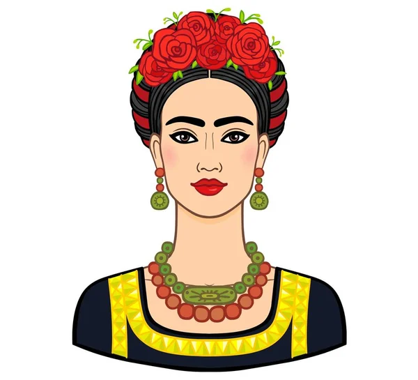 Retrato de la hermosa mujer mexicana vestida con ropa antigua. Boho chic, étnico, vintage. Ilustración vectorial aislada sobre fondo blanco. Imprimir, póster, camiseta, tarjeta . — Archivo Imágenes Vectoriales