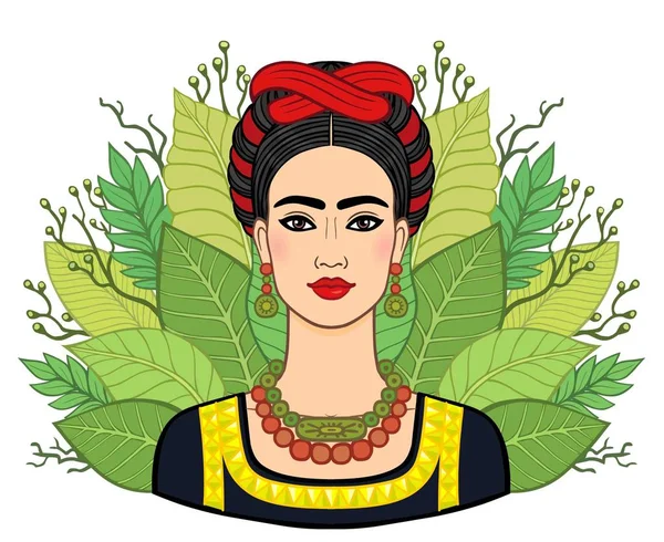 Πορτρέτο του όμορφη Μεξικού γυναίκα στην αρχαία ρούχα, ένα φόντο - σχηματοποιημένα φύλλα των φυτών. Boho chic, έθνικ, vintage. Vector εικονογράφηση απομονωμένη. Εκτύπωση, αφίσα, μπλουζάκι, κάρτα. — Διανυσματικό Αρχείο