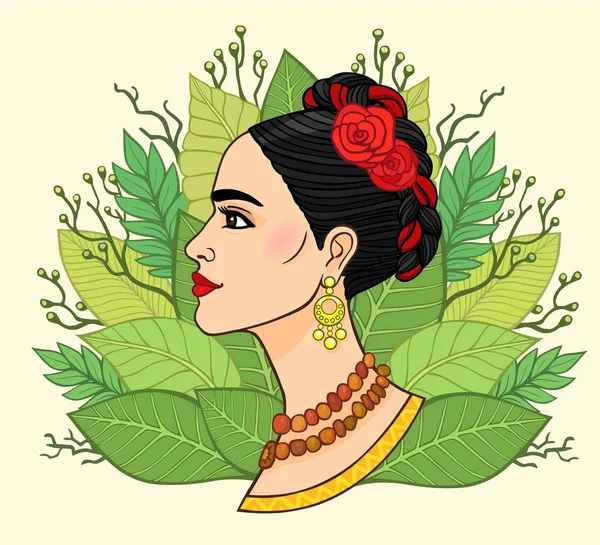 Портрет красивої мексиканського жінки в стародавній одяг, фон - стилізовані листя рослини. Бохо шик, етнічних, vintage. Векторна ілюстрація ізольовані. Друк плакатів, футболки, карти. — стоковий вектор