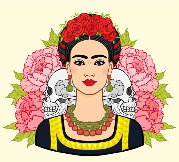 Portrét krásné mexické ženy v staré oblečení, lidské lebky, na pozadí - stylizované růže. Boho chic, etnické, ročník. Vektorové ilustrace izolované. Tisk, plakát, tričko, karta. — Stockový vektor