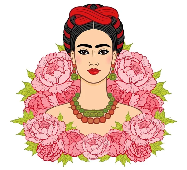 Potret wanita Meksiko yang cantik gaya rambut kuno, latar belakang - mawar bergaya. Boho chic, etnis, vintage. Ilustrasi vektor terisolasi. Cetak, poster, t-shirt, kartu . - Stok Vektor