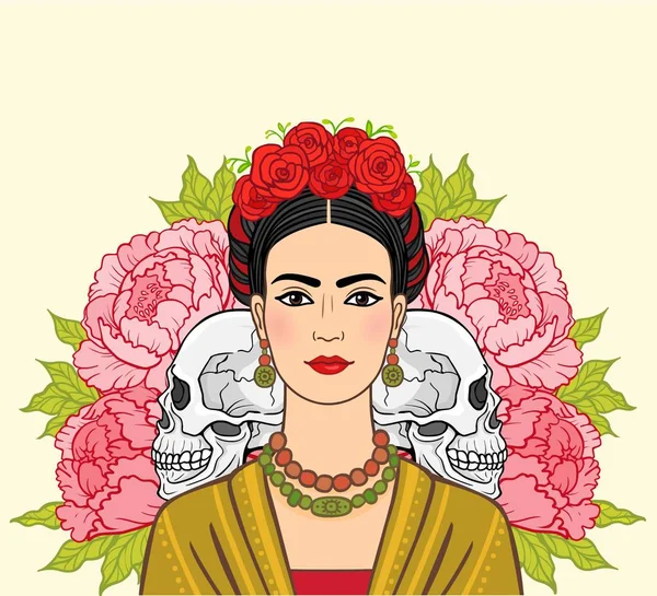 Retrato da bela mulher mexicana na roupa antiga, caveiras humanas, um contexto - as rosas estilizadas. Boho chique, étnico, vintage. Ilustração vetorial isolada. Impressão, cartaz, t-shirt, cartão . — Vetor de Stock