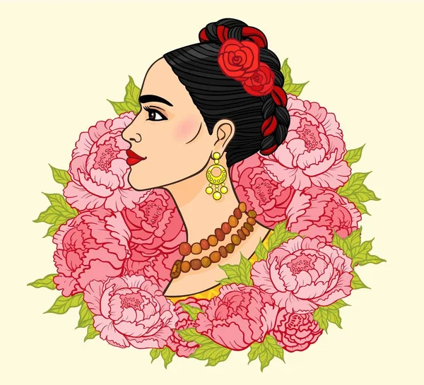 Portrait of the beautiful Mexican woman  an ancient hairstyle, a background - the stylized roses. Boho chic, ethnic, vintage. Vector illustration isolated. Print, poster, t-shirt, card. — Stock Vector