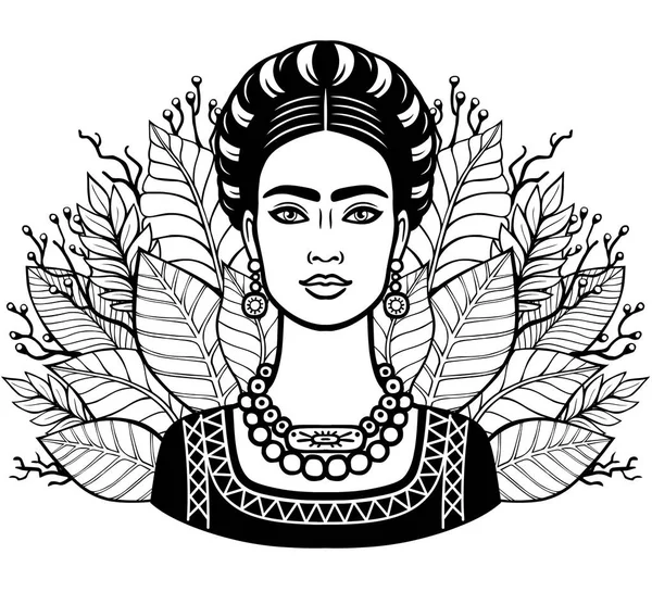 Πορτρέτο του όμορφη μεξικάνικο κορίτσι στην αρχαία ρούχα, φόντο - σχηματοποιημένα φύλλα των φυτών. Vector εικονογράφηση απομονωθεί σε λευκό φόντο. Εκτύπωση, αφίσα, μπλουζάκι, κάρτα. — Διανυσματικό Αρχείο