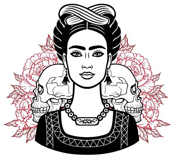 Портрет красивой мексиканской девушки в старинной одежде, человеческие черепа, фон - стилизованные розы. Векторная иллюстрация изолирована на белом фоне. Печать, плакат, футболка, открытка
.