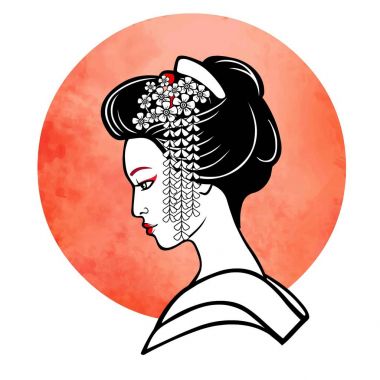 Genç Japon kız eski bir saç modeli gerçekçi portresi. Geyşa, maiko, Prenses. Arka plan - kırmızı sulu boya Paz. Baskı, poster, tişört, kart. Vektör çizim üzerinde beyaz izole.