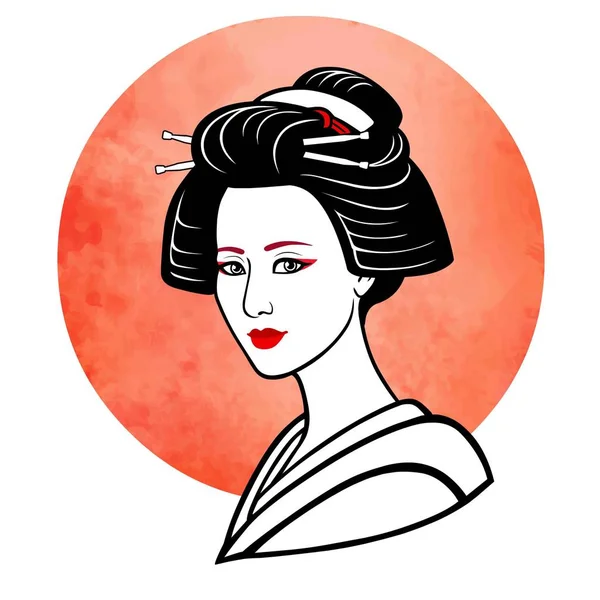 Retrato realista da jovem menina japonesa um penteado antigo. Gueixa, maiko, princesa. Fundo - o sol de aquarela vermelho. Impressão, cartaz, t-shirt, cartão. Ilustração vetorial isolada sobre branco . — Vetor de Stock
