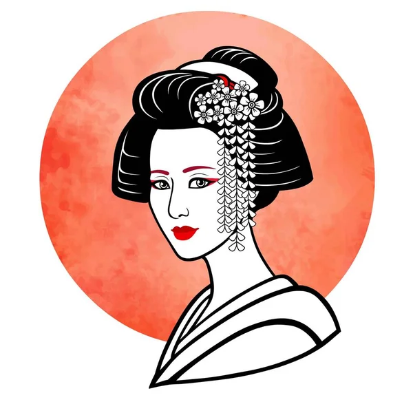 Retrato realista da jovem menina japonesa um penteado antigo. Gueixa, maiko, princesa. Fundo - o sol de aquarela vermelho. Impressão, cartaz, t-shirt, cartão. Ilustração vetorial isolada sobre branco . — Vetor de Stock