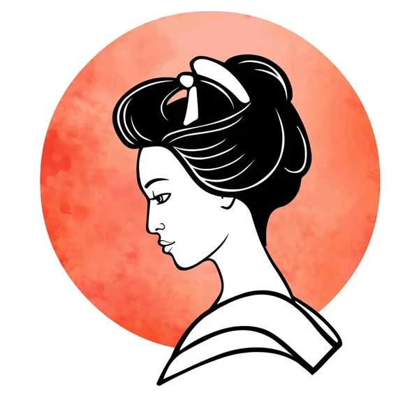 Realistiska porträtt av den unga japanska flickan en forntida frisyr. Geisha, maiko, princess. Bakgrund - röd akvarell solen. Print, affisch, t-shirt, kort. Vektorillustration isolerade på vit. — Stock vektor