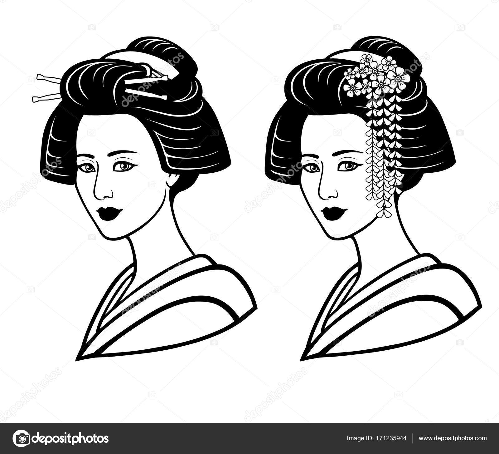 若い日本人の女の子古代髪型の 2 つの肖像画芸者舞妓姫印刷
