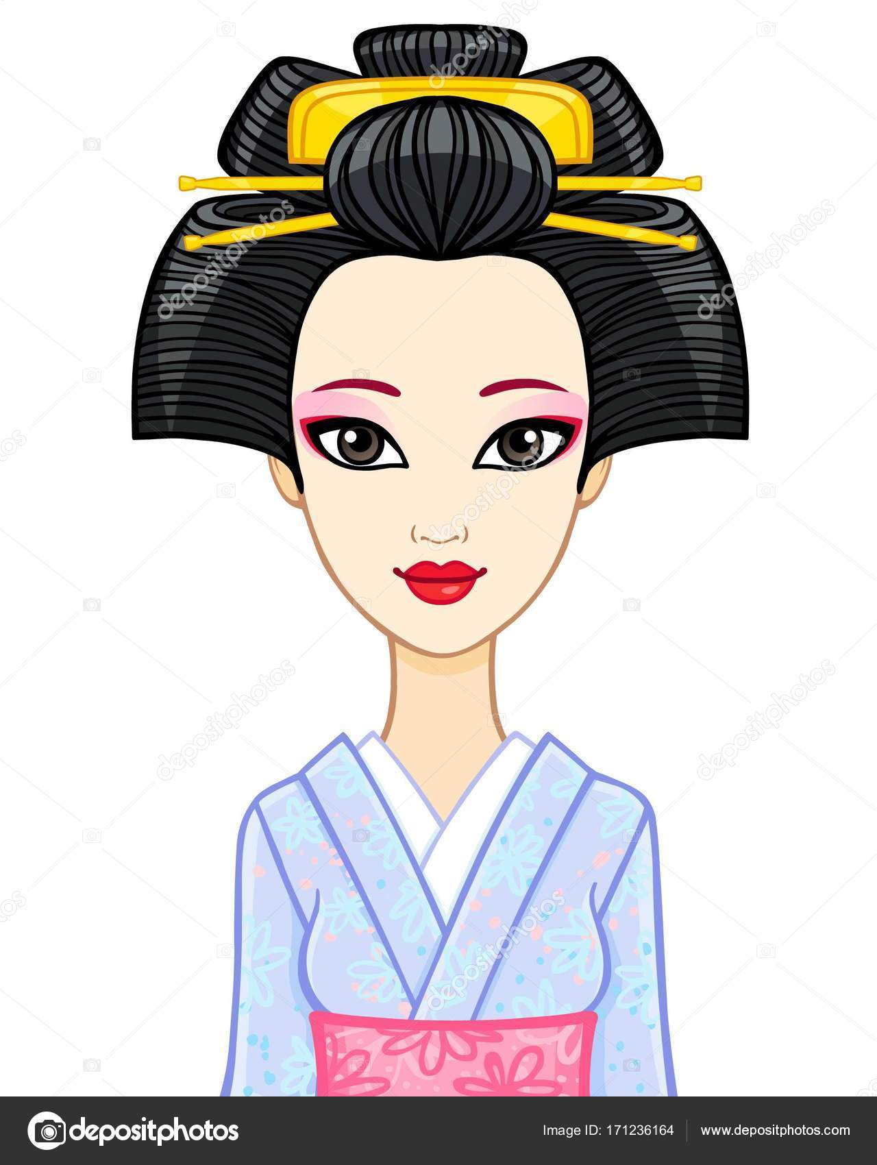 アニメーション古代ヘアスタイルで若い日本人の女の子の肖像画芸者