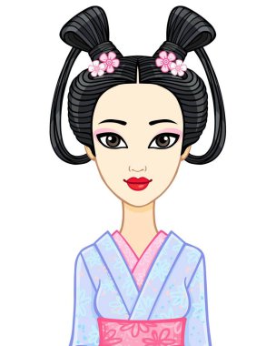 Animasyon antik bir saç modeli ile genç Japon kız portresi. Geyşa, Maiko, Prenses. Beyaz bir arka plan üzerinde izole vektör çizim.