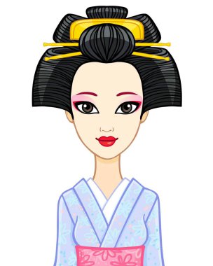 Animasyon antik bir saç modeli ile genç Japon kız portresi. Geyşa, Maiko, Prenses. Beyaz bir arka plan üzerinde izole vektör çizim.