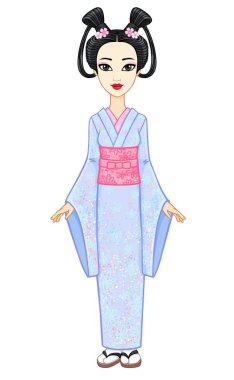 Animasyon antik bir saç modeli ile genç Japon kız portresi. Geyşa, Maiko, Prenses. Tam büyüme. Beyaz bir arka plan üzerinde izole vektör çizim.