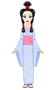 Animasyon antik bir saç modeli ile genç Japon kız portresi. Geyşa, Maiko, Prenses. Tam büyüme. Beyaz bir arka plan üzerinde izole vektör çizim.