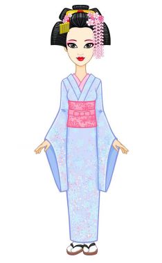 Animasyon antik bir saç modeli ile genç Japon kız portresi. Geyşa, Maiko, Prenses. Tam büyüme. Beyaz bir arka plan üzerinde izole vektör çizim.
