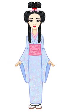 Animasyon antik bir saç modeli ile genç Japon kız portresi. Geyşa, Maiko, Prenses. Tam büyüme. Beyaz bir arka plan üzerinde izole vektör çizim.