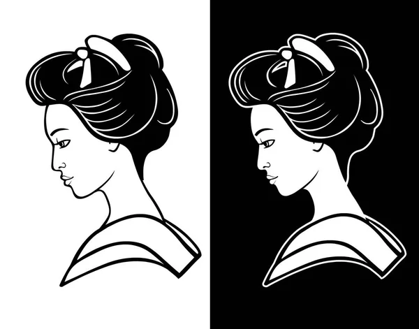 Two portraits of the young Japanese girl an ancient hairstyle. Black and white option. Geisha, maiko, princess.   Print, poster, t-shirt, card. Vector illustration isolated. — Stock Vector