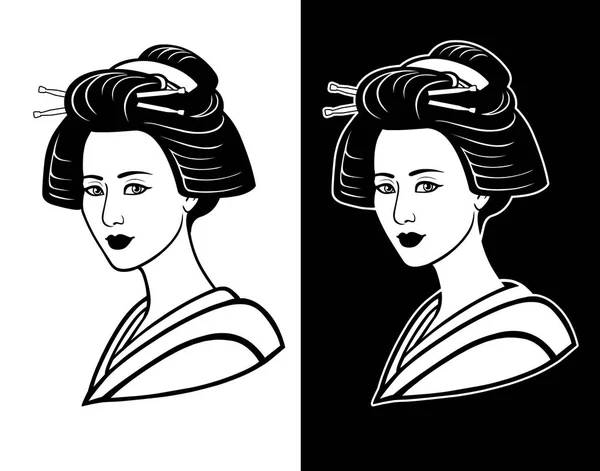 Два портрета молодой японской девушки с древней прической. Черно-белый вариант. Гейша, Майко, принцесса. Печать, плакат, футболка, открытка. Векторная иллюстрация . — стоковый вектор