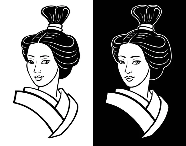 Dua potret gadis muda Jepang gaya rambut kuno. Pilihan hitam dan putih. Geisha, Maiko, putri. Cetak, poster, t-shirt, kartu. Ilustrasi vektor terisolasi . - Stok Vektor