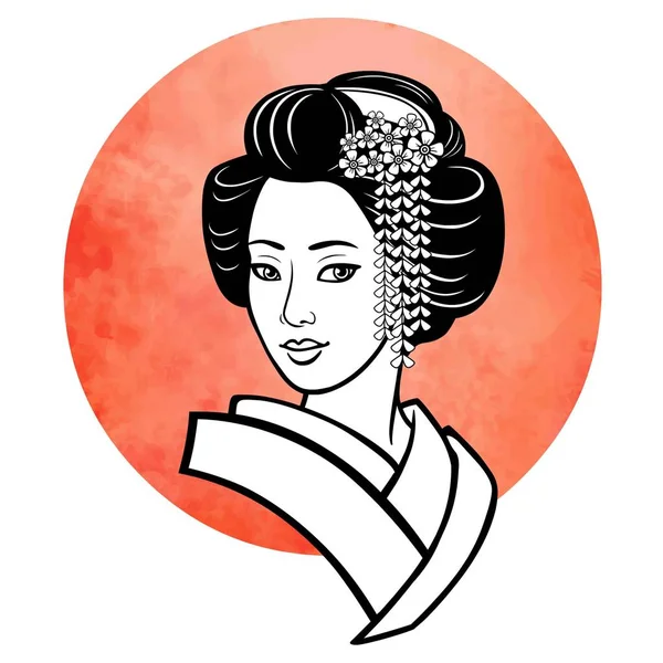 Retrato realista de la joven japonesa un peinado antiguo. Geisha, Maiko, princesa. El fondo - el sol rojo de acuarela. Impresión, póster, camiseta, tarjeta. Ilustración vectorial aislada en blanco . — Archivo Imágenes Vectoriales