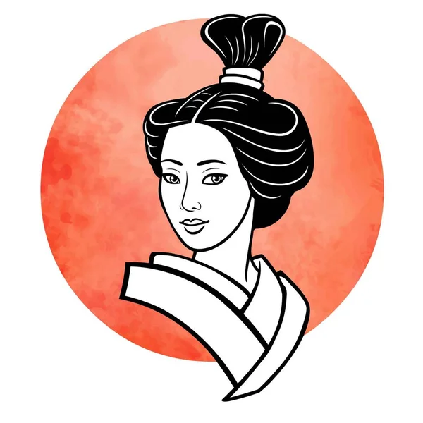 Retrato realista da jovem menina japonesa um penteado antigo. Gueixa, maiko, princesa. Fundo - o sol de aquarela vermelho. Impressão, cartaz, t-shirt, cartão. Ilustração vetorial isolada sobre branco . —  Vetores de Stock