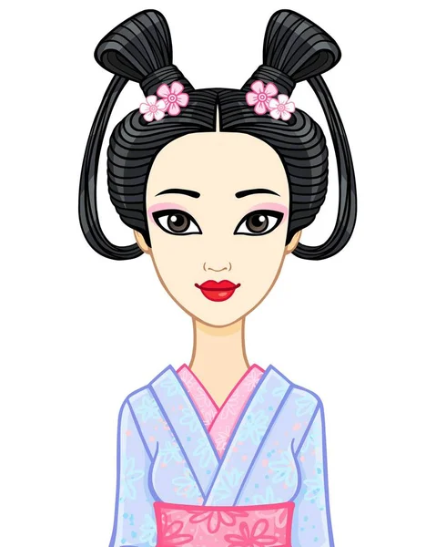 Animation portrait of the young Japanese girl with an ancient hairstyle. Geisha, Maiko, Princess.  Vector illustration isolated on a white background. — Stock Vector