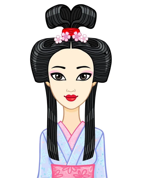 Animasyon antik bir saç modeli ile genç Japon kız portresi. Geyşa, Maiko, Prenses. Beyaz bir arka plan üzerinde izole vektör çizim.