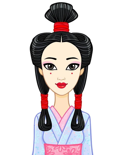 Animationsporträt der jungen Japanerin mit uralter Frisur. Geisha, Maiko, Prinzessin. Vektor-Illustration isoliert auf weißem Hintergrund. — Stockvektor