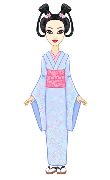 Potret animasi gadis muda Jepang dengan gaya rambut kuno. Geisha, Maiko, Putri. Pertumbuhan penuh. Ilustrasi vektor diisolasi pada latar belakang putih . - Stok Vektor