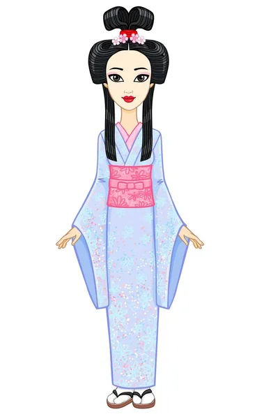 アニメーション古代ヘアスタイルで若い日本人の女の子の肖像画。芸者、舞妓、姫。完全な成長。白い背景で隔離のベクトル図. — ストックベクタ