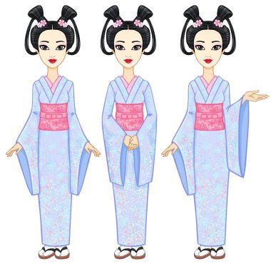 Animasyon portre güzel Japon kızı üç farklı teşkil etmektedir. Geyşa, Maiko, Prenses. Tam büyüme. Beyaz bir arka plan üzerinde izole vektör çizim.