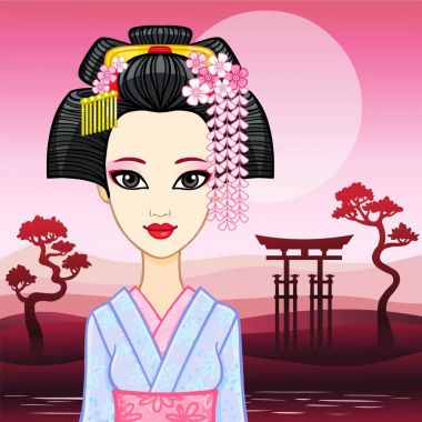 Animasyon portre genç Japon kız eski bir saç modeli. Geyşa, Maiko, Prenses. Arka plan - bir akşam dağ manzarası, kutsal kapı. Vektör çizim. Metni için bir yer.