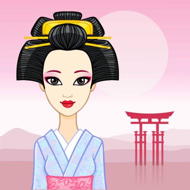 Animasyon portre genç Japon kız eski bir saç modeli. Geyşa, Maiko, Prenses. Arka plan - bir dağ manzarası, kutsal kapı. Vektör çizim. Metni için bir yer.