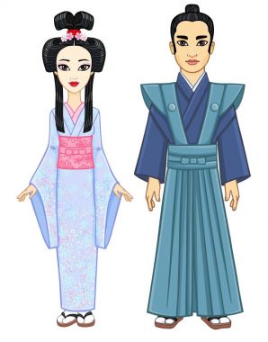 Animasyon eski giysiler içinde Japon aile portresi. Geyşa, Mayko, Prenses, samuray. Tam büyüme. Beyaz bir arka plan üzerinde izole vektör çizim.