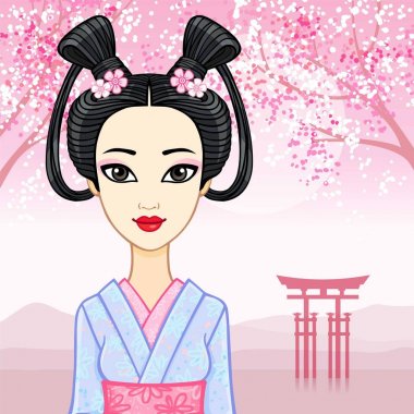 Animasyon portre genç Japon kız eski bir saç modeli. Geyşa, Maiko, Prenses. Arka plan - bir dağ manzarası, çiçek açması oryantal kiraz, kutsal kapı. Vektör çizim.