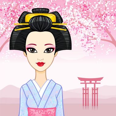 Animasyon portre genç Japon kız eski bir saç modeli. Geyşa, Maiko, Prenses. Arka plan - bir dağ manzarası, çiçek açması oryantal kiraz, kutsal kapı. Vektör çizim.