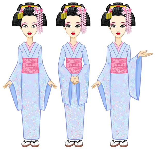 Portret animacji Piękna Japonka w trzech różnych pozach. Gejsza, Maiko, księżniczka. Pełny rozwój. Wektor ilustracja na białym tle. — Wektor stockowy