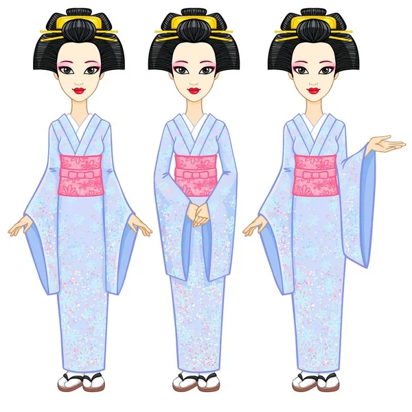 Retrato de animación de la hermosa chica japonesa en tres poses diferentes. Geisha, Maiko, Princesa. Crecimiento total. Ilustración vectorial aislada sobre fondo blanco . — Vector de stock