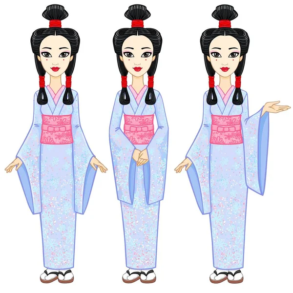 Анимационный портрет красивой японской девушки в трех различных позах. Гейша, Майко, Принцесса. Полный рост. Векторная иллюстрация на белом фоне . — стоковый вектор