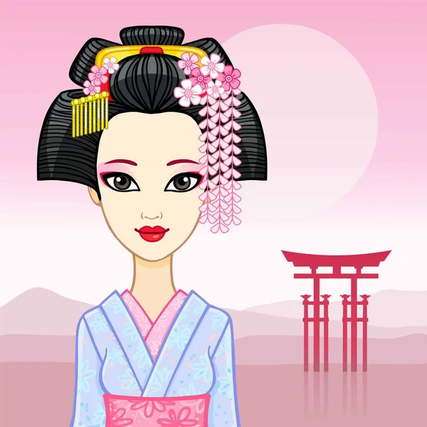 Retrato de animação da menina japonesa jovem um penteado antigo. Gueixa, Maiko, Princesa. Fundo - uma paisagem montesa, portão sagrado. Ilustração vetorial. Lugar para o texto . — Vetor de Stock