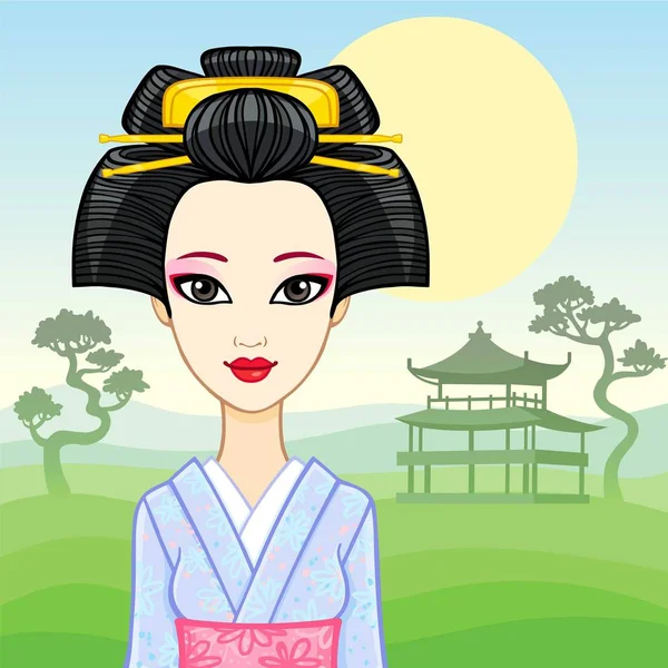 Animationsporträt der jungen Japanerin mit einer antiken Frisur. Geisha, Maiko, Prinzessin. Hintergrund - eine Berglandschaft, Silhouette des alten Tempels.. Vektorillustration. — Stockvektor