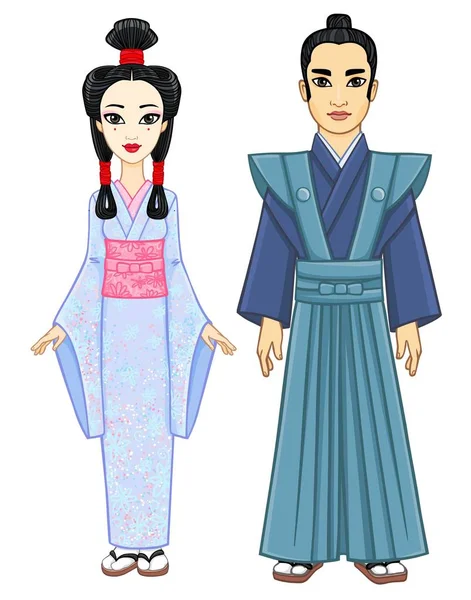 Animasi potret keluarga Jepang dalam pakaian kuno. Geisha, Mayko, Putri, Samurai. Pertumbuhan penuh. Ilustrasi vektor diisolasi pada latar belakang putih . - Stok Vektor