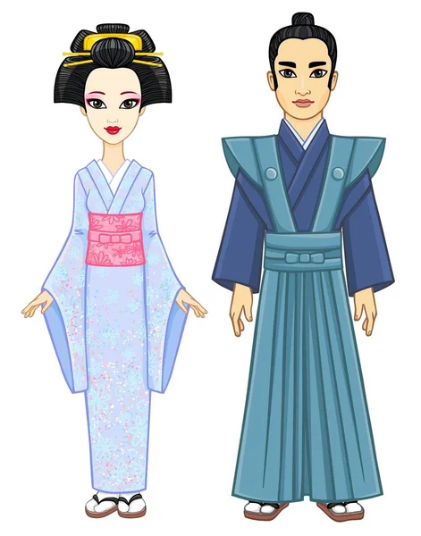 Animation portrait of the Japanese family in ancient  clothes. Geisha, Mayko, Princess, Samurai. Full growth. Vector illustration isolated on a white background. — Stock Vector