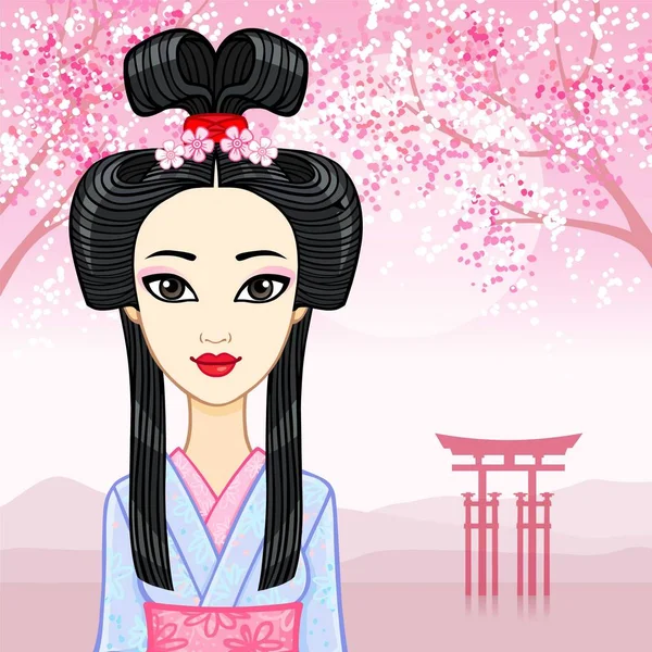 Animation portrait of the young Japanese girl an ancient hairstyle. Geisha, Maiko, Princess. Background - a mountain landscape, the blossoming Oriental cherry, sacred gate. Vector illustration. — Stock Vector