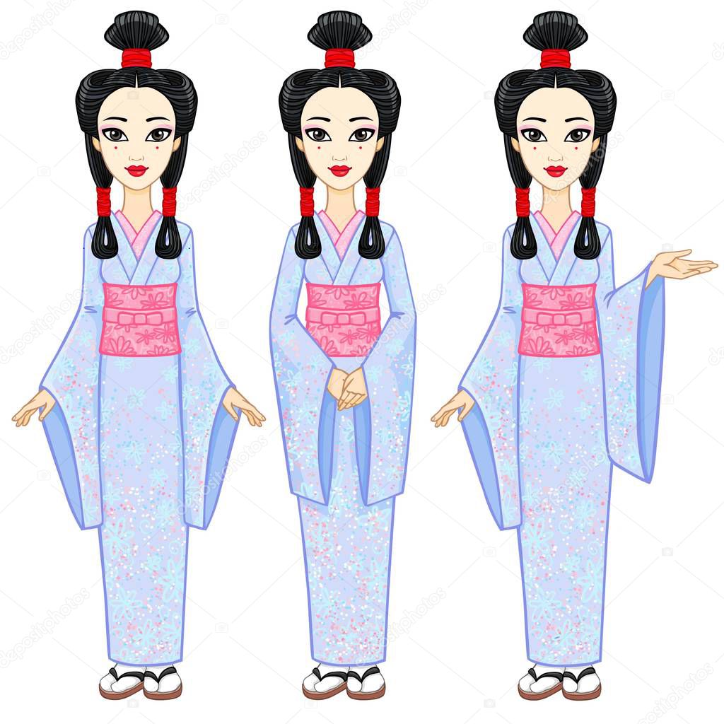 Animation portrait the beautiful Japanese girl in three different poses. Geisha, Maiko, Princess. Full growth. Vector illustration isolated on a white background.
